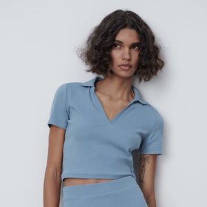 NWOT ZARA Slate Blue Collared V-Neck Crop Top